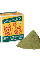 Aurospirul AV Supergreens powder package with green superfood powder pile.