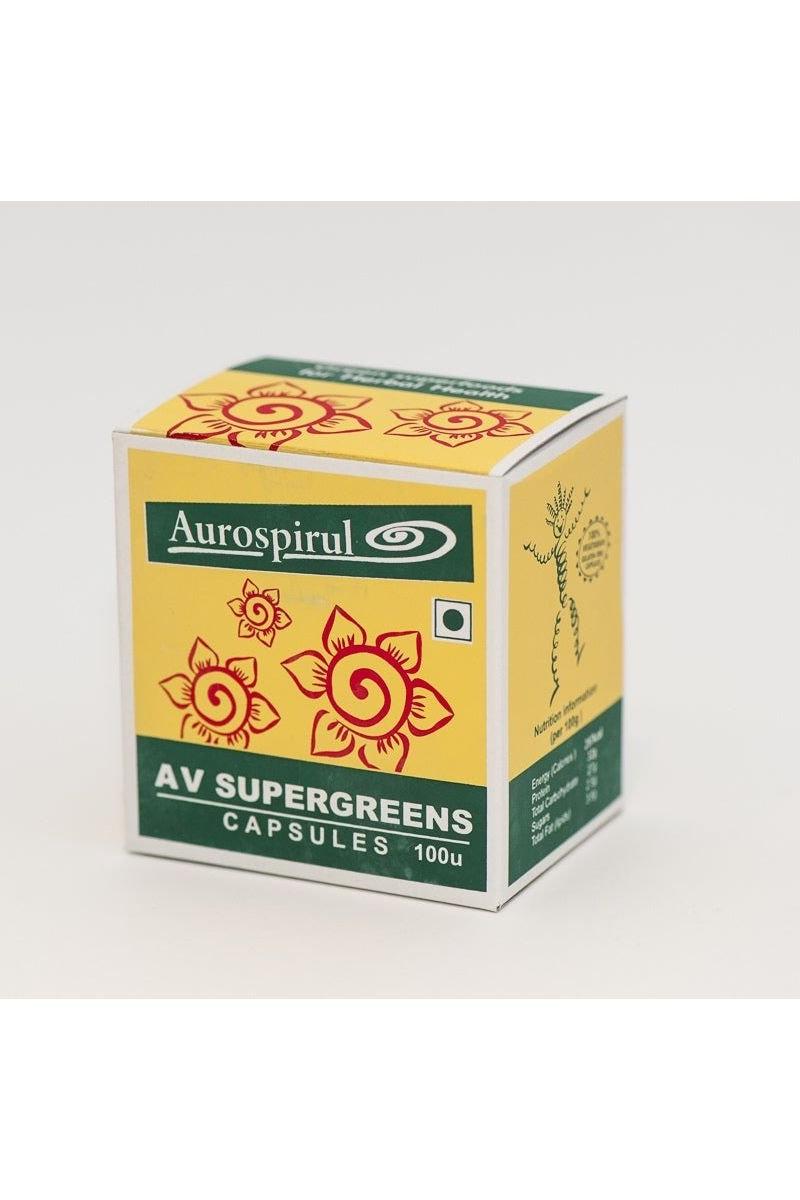 Aurospirul AV Supergreens capsules pack featuring vibrant yellow and green design with flower motifs.