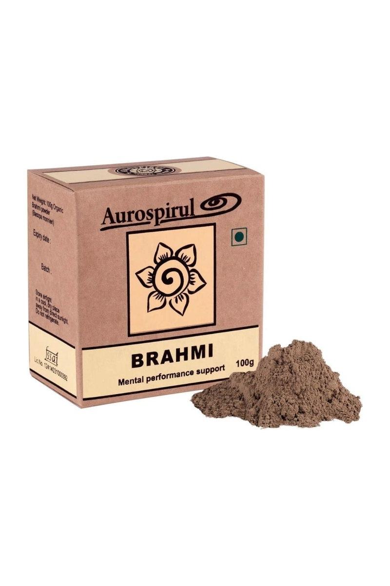 Aurospirul Brahmi supplement box and powder for mental performance support.