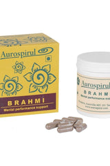 Aurospirul Brahmi capsules and packaging for mental performance support.