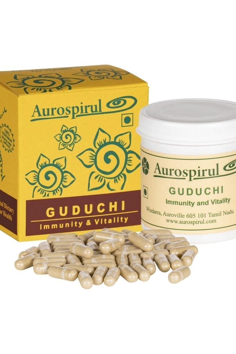 Aurospirul Guduchi capsules and packaging for immunity and vitality in Ayurvedic medicine.