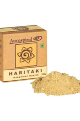 Aurospirul Haritaki supplement box with powder promoting intestinal health, enriched with natural ingredients.