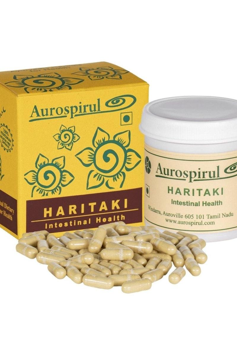 Aurospirul Haritaki supplement with capsules, supporting intestinal health and digestive function.