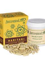 Aurospirul Haritaki supplement with capsules, supporting intestinal health and digestive function.