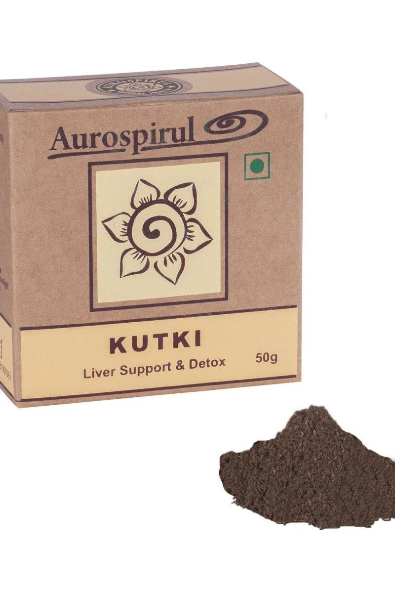 Aurospirul Kutki powder packaging with a scoop of herbal supplement for liver support and detox.