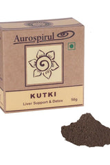 Aurospirul Kutki powder packaging with a scoop of herbal supplement for liver support and detox.