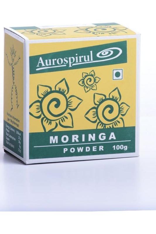 Aurospirul Moringa powder packaging, 100g box featuring floral design and brand logo.