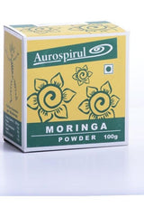 Aurospirul Moringa powder packaging, 100g box featuring floral design and brand logo.