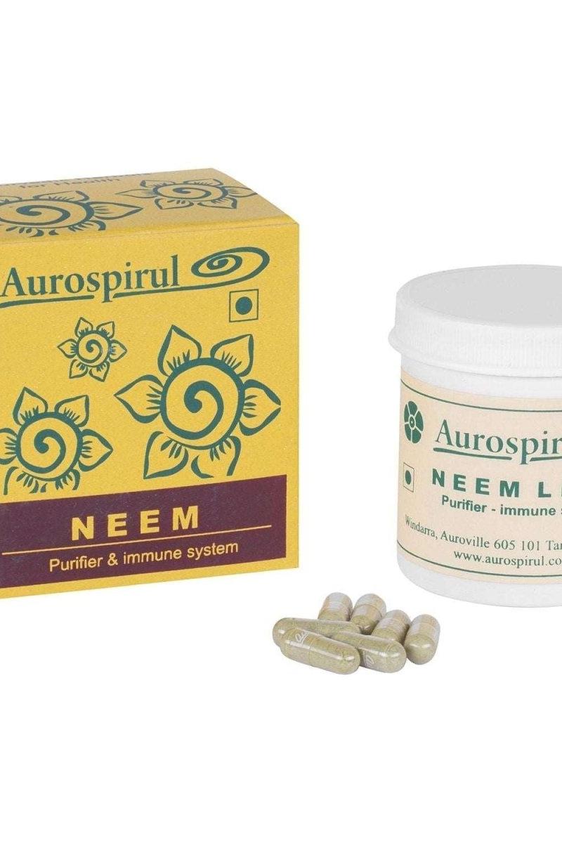 Aurospirul Neem capsules and packaging, promoting immune support and skin health.