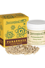 Aurospirul Punarnava capsules for kidney health in a jar and box, promoting urinary function and detoxifying effects.