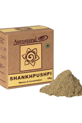 Aurospirul Shankapushpi powder packaging for memory and concentration support, featuring herbal supplement benefits.