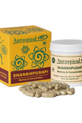 Aurospirul Shankapushpi product packaging with capsules, promoting memory and concentration support.