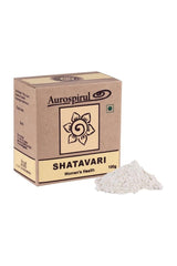 Aurospirul Shatavari powder packaging, 100g, promoting women's hormonal balance and reproductive health.