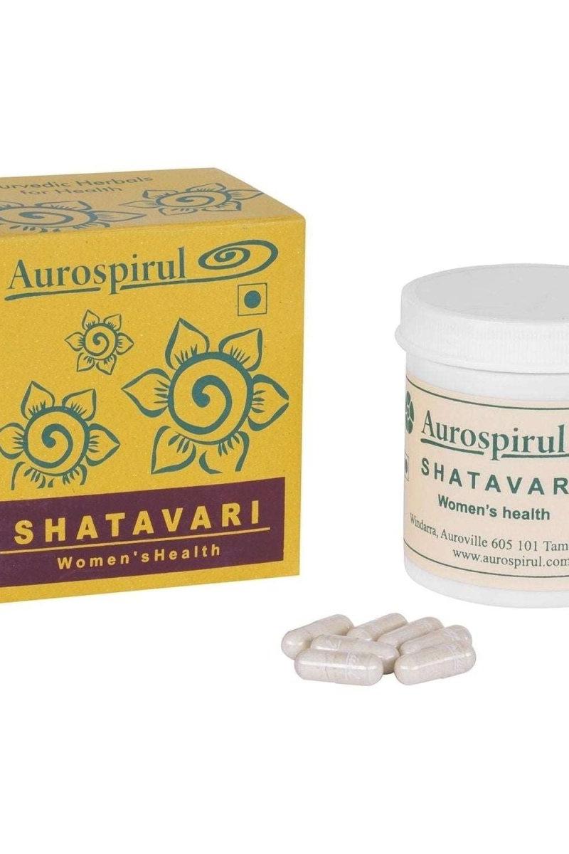 Aurospirul Shatavari supplement for women's health with capsules and packaging.
