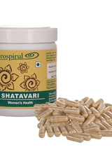 Aurospirul Shatavari capsules for women's health and hormonal balance in a container.
