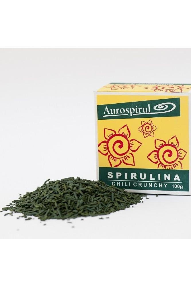 Aurospirul Spirulina Chili Crunchy package with green spirulina flakes, rich in protein and vitamins.