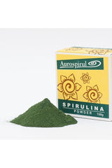 Aurospirul spirulina powder packaging and a mound of green powder, packed with nutrients, 100g size.