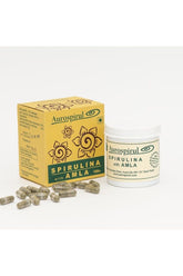 Aurospirul spirulina with amla capsules and packaging, rich in vitamins and minerals for energy and immune support.