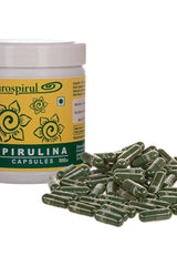 Aurospirul Spirulina capsules in a container with loose capsules, rich in nutrients and antioxidants.