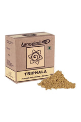 Aurospirul Triphala powder supplement box, natural ingredients for digestion and gastrointestinal health.