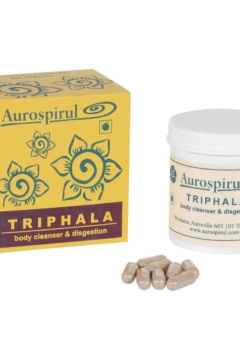 Aurospirul Triphala body cleanser and digestion supplement in capsule form with packaging.