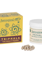 Aurospirul Triphala body cleanser and digestion supplement in capsule form with packaging.
