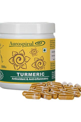 Aurospirul turmeric supplement jar with capsules, known for antioxidants and anti-inflammatory benefits.