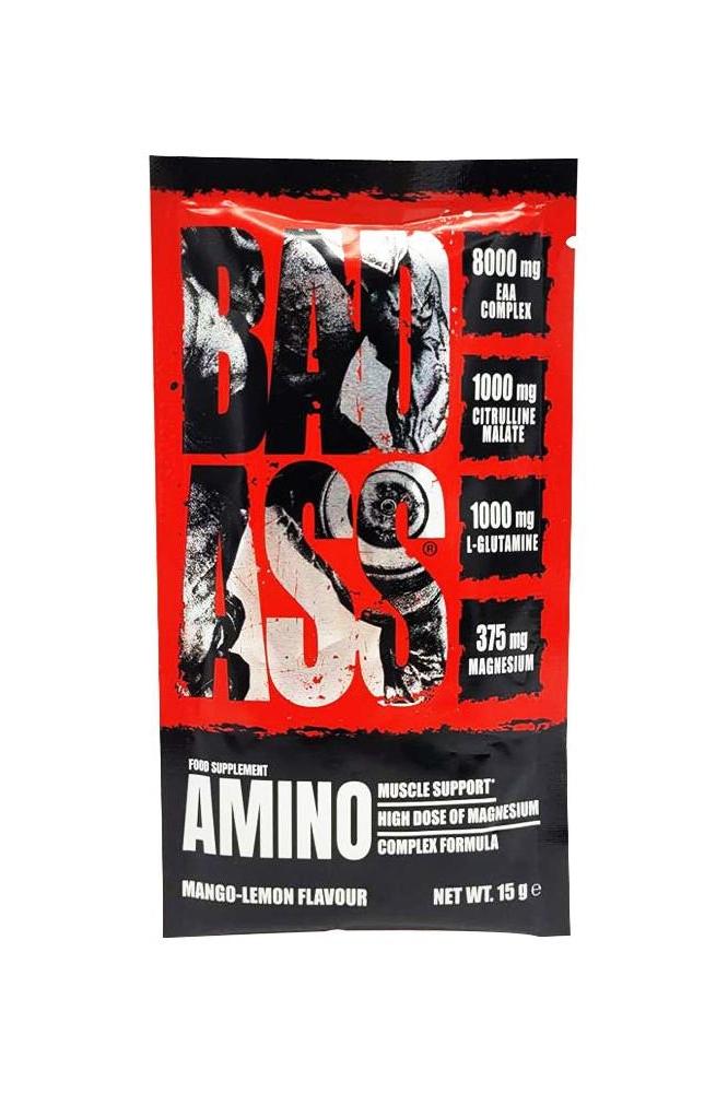 Bad Ass Nutrition Amino Sample sachet in Mango Lemon flavor, 15g, features amino acids for muscle support and recovery.