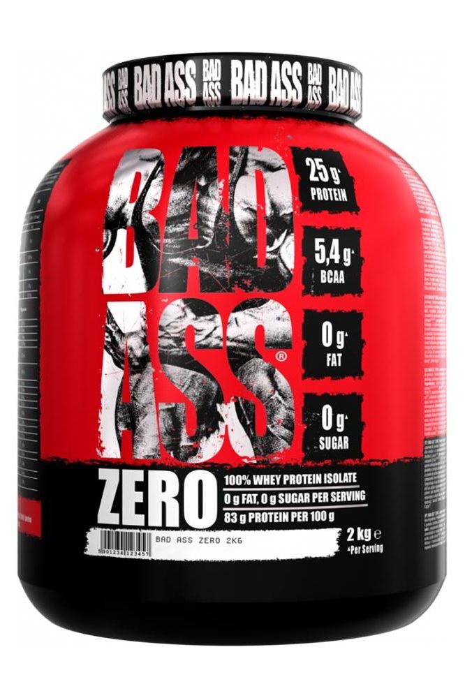 Bad Ass Nutrition Zero Protein Powder with 25g protein, 5.4g BCAA, 0g fat, and sugar-free in a 2kg container.