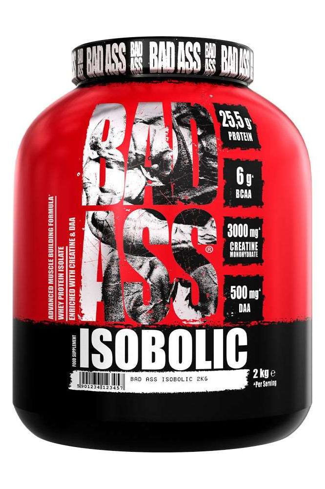 Bad Ass Nutrition Isobolic protein powder in red and black tub, 25.5g protein, high BCAA content.