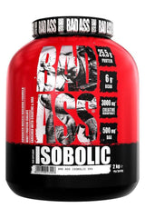 Bad Ass Nutrition Isobolic protein powder in red and black tub, 25.5g protein, high BCAA content.
