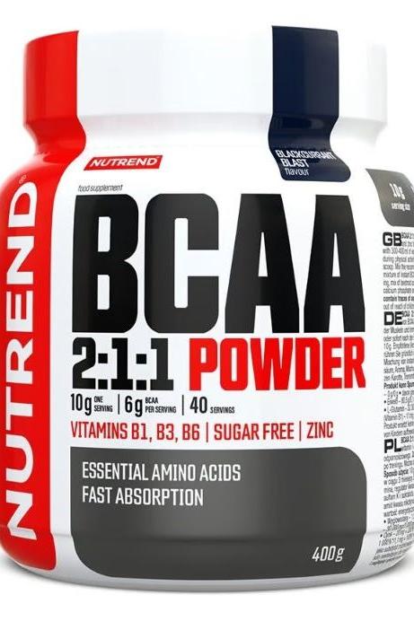 Nutrend BCAA 2:1:1 Powder container with essential amino acids, vitamins B1, B3, B6, and zinc, sugar-free formula.