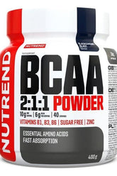 Nutrend BCAA 2:1:1 Powder container with essential amino acids, vitamins B1, B3, B6, and zinc, sugar-free formula.