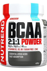 Nutrend BCAA 2:1:1 Powder container, featuring essential amino acids, vitamins, and zinc, sugar-free, 400g.