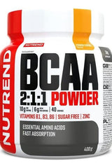 Nutrend BCAA 2:1:1 Powder, 400g container, essential amino acids, sugar-free, vitamins B1, B3, B6, zinc, fast absorption.