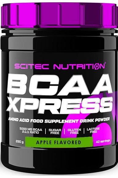 Scitec Nutrition BCAA Xpress apple flavored supplement, 5g BCAAs per serving, sugar, gluten, and lactose free.