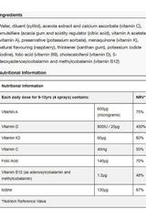 Nutritional information and ingredients for BetterYou Children's Health Oral Spray, highlighting vitamins and minerals.