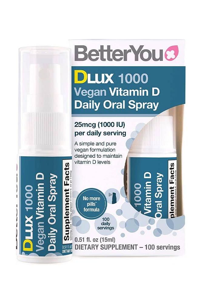 BetterYou Dlux 1000 Vegan Vitamin D Oral Spray, 25mcg, 15ml bottle with packaging details.