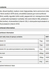 Ingredient and nutritional information for BetterYou Pregnancy Oral Spray, highlighting vitamins and key nutrients.