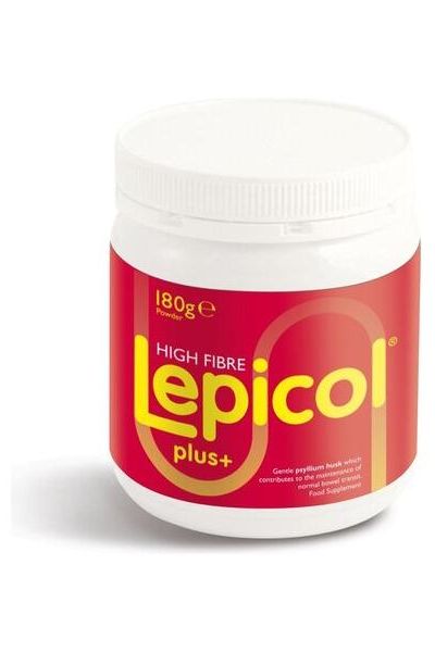 Bio-Kult High Fibre Lepicol Plus+ supplement jar with red label and white lid, promoting digestive health