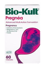 Bio-Kult Pregnéa supplement box for pregnancy support, containing live bacteria, vitamins, and folate.