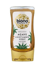 Biona Organic Agave Light Amber Syrup 350g bottle, a healthy sweetener option for baking and beverages.