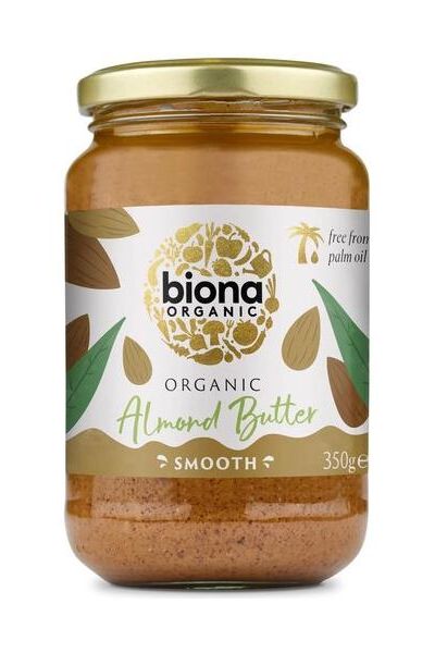 Biona Organic Smooth Almond Butter 350g jar, rich in healthy fats, perfect for vegan diets and low carb recipes.