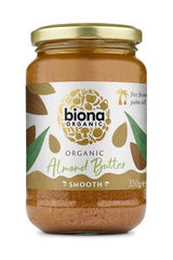 Biona Organic Smooth Almond Butter 350g jar, rich in healthy fats, perfect for vegan diets and low carb recipes.