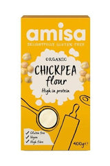 Biona Organic Amisa Chickpea Flour 400g packaging, high protein, gluten-free, vegan, and high in fiber.