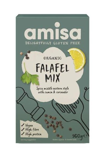 Biona Organic Amisa Falafel Mix 160g box with lemon, cumin, and coriander, gluten-free and vegan option.