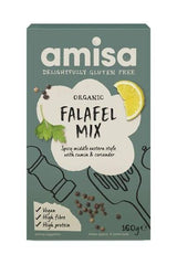 Biona Organic Amisa Falafel Mix 160g box with lemon, cumin, and coriander, gluten-free and vegan option.