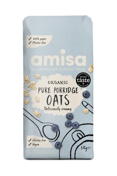 Biona Organic Amisa Pure Porridge Oats 1000g pack, gluten-free and vegan, perfect for a creamy breakfast.
