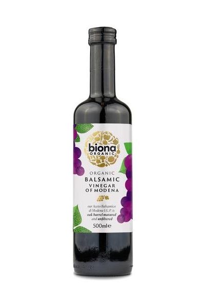 Biona Organic Balsamic Vinegar 500 ml bottle, produced in northern Italy, aged in oak barrels for rich flavor.