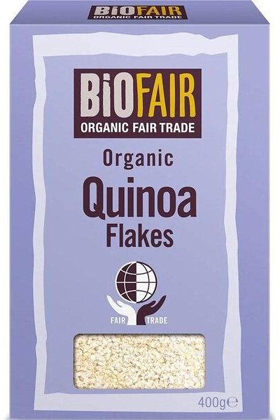 Biona Organic BioFair Quinoa Flakes 400g packaging, rich in protein and fiber for salads and dishes.